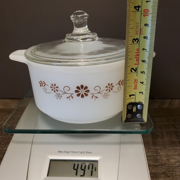 Dynaware Vintage Pyr-o-rex Small Milk Glass Baking Dish with Lid. Brown Floral - Picture 3 of 6